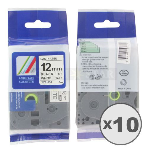 10pk white on black tape label for brother p-touch tz tze 231 12mm 1/2&#034; 26.2ft for sale