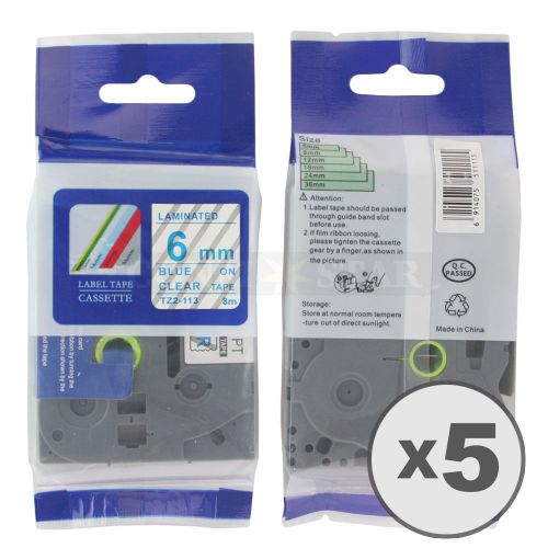 5pk Blue on Transparent Tape Label Compatible for Brother PTouch TZ TZe113 6mm
