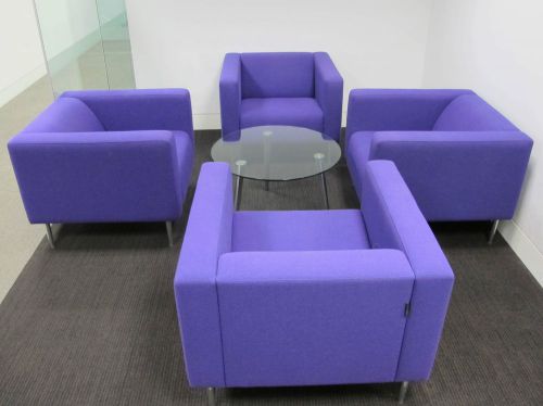 4 x Davison Highley Purple Armchair Reception Designer + Orangebox Glass Table