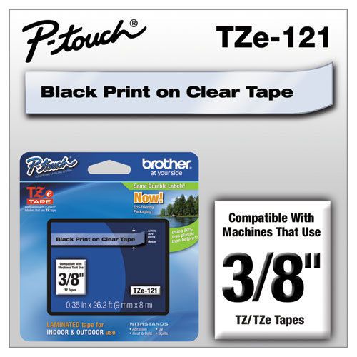 TZe Standard Adhesive Laminated Labeling Tape, 3/8w, Black on Clear