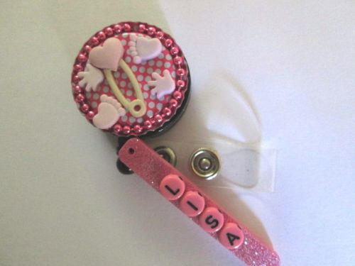 BABY SAFETY PIN PINK PERSONALIZED ID BADGE REEL HOLDER MEDICAL,NURSE,PEDIATRICS