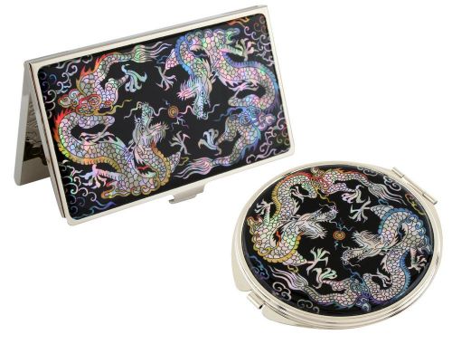 Nacre two dragon Business card holder case Makeup compact mirror gift set  #54