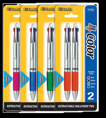 BAZIC Silver Top 4-Color Pen w/ Cushion Grip (2/Pack), Case of 12