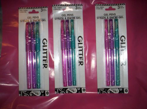 Glitter Gel Pens -- PINK, BLUE &amp; PURPLE INK~~3 PACKS= 9 GEL PENS