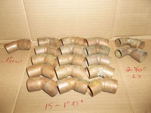 LOT 18 Qty total.  Copper L-Bows 45 degree 1&#034; and 3/4&#034;x1&#034; 90&#039;s