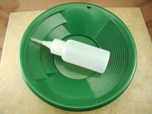 Lot of 3- 8&#034; green gold pans w/ bottle snuffer-panning kit-duel riffles-mining for sale