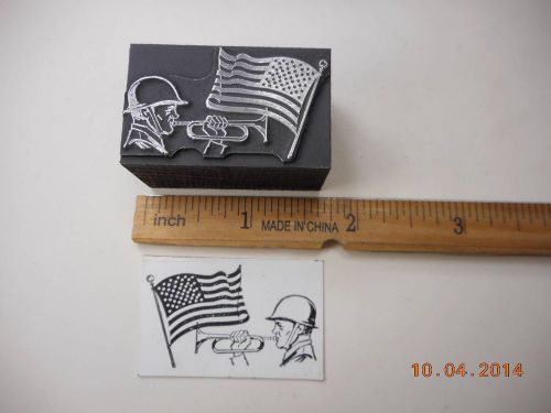Letterpress Printing Printers Block, American Soldier plays Bugle by USA Flag