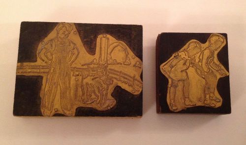 Pair Of Vintage Printing Press Blocks Ink Stamp Children Brass On Wood