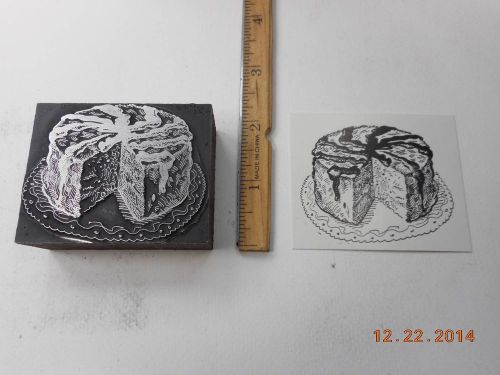 Letterpress Printing Printers Block, Cake on Doily w Slice Missing