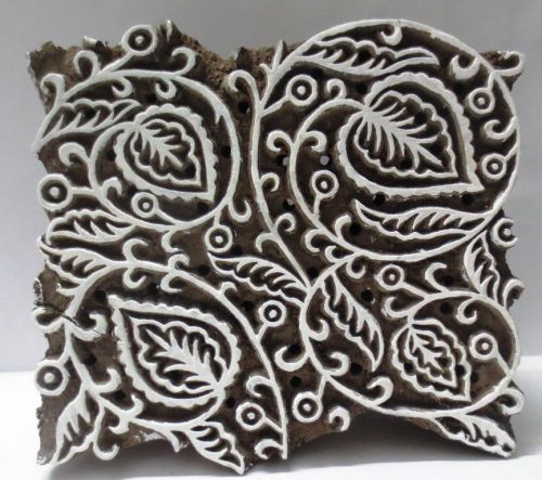 INDIAN WOODEN HAND CARVED TEXTILE PRINTING ON FABRIC BLOCK / STAMP LEAF CARVING