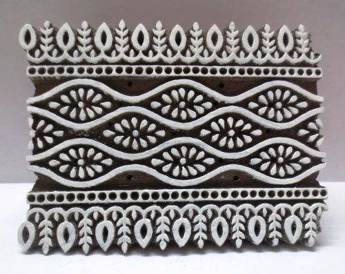 INDIAN WOODEN HAND CARVED TEXTILE PRINTING FABRIC BLOCK STAMP FLORAL WAVE DESIGN
