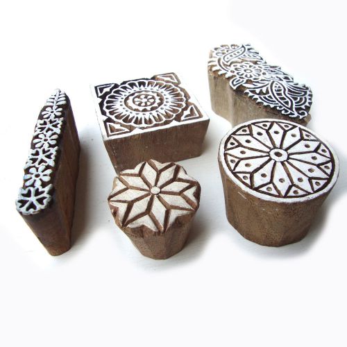 Hand Carved Floral Pattern Designs Wooden Block Printing Tags (Set of 5)