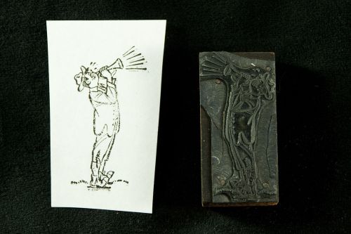 Man Blowing a Horn, 2 3/8&#034; x 1 1/8&#034;, Mounted on Wood - Vintage Printing Block