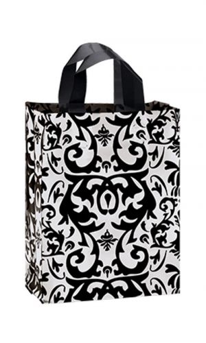 100 Medium Black Damask Frosted Plastic Bottom Provide Shopping Bag 8”x 5”x10”