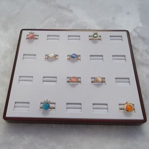 20 Slot Ring Display Jewelry Stand Tray Ring Wooden Case White Faux Leather 1 PC
