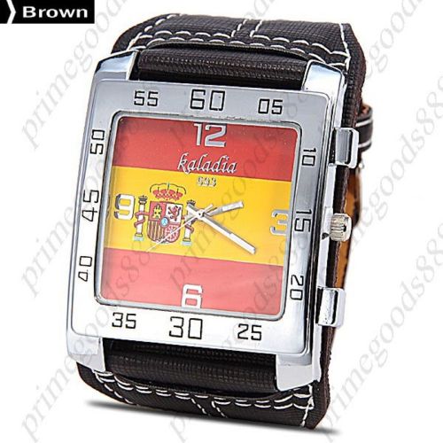 Spanish Flag of Spain Wide Rectangle Analog PU Leather Wrist Wristwatch Brown