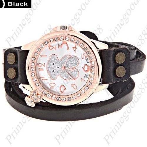 Teddy Bear Rhinestones Synthetic Leather Quartz Wrist Wristwatch Women&#039;s Black