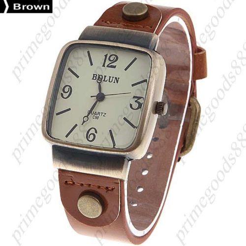 Square Case PU Leather Unisex Quartz Wrist Watch in Brown Free Shipping