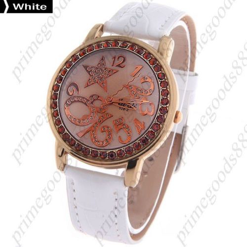 Round Star PU Leather Lady Ladies Wrist Quartz Wristwatch Women&#039;s White