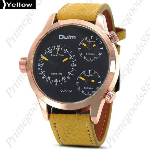 3 Time Zone Luxury Zones Sport Leather Quartz Wrist Wristwatch Men&#039;s Yellow