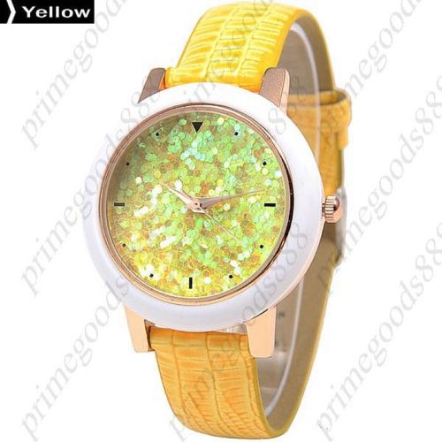 Fashioned Sparkle  PU Leather Quartz Lady Ladies Wristwatch Women&#039;s Yellow