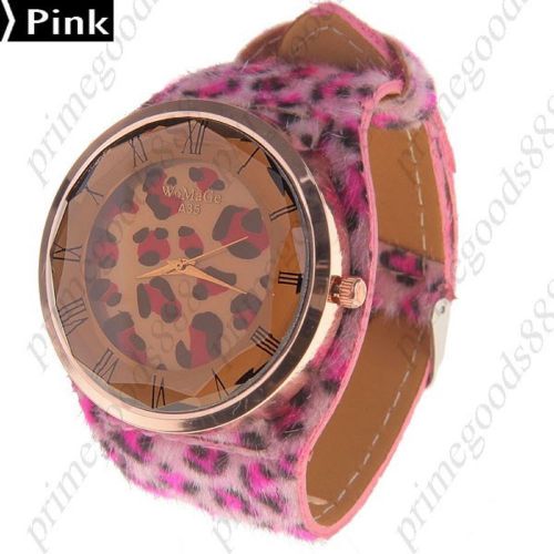 Leopard PU Leather Quartz Wrist Wristwatch Free Shipping Women&#039;s Pink Fuzzy