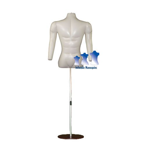 Inflatable male torso with arms, ivory and aluminum adjustable stand, brown base for sale