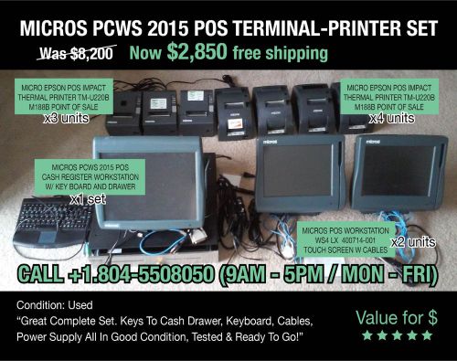 MICROS PCWS 2015 POS TERMINAL SET WITH DRAWER, 2 WORKSTATION WS4 LX &amp; 7 PRINTERS
