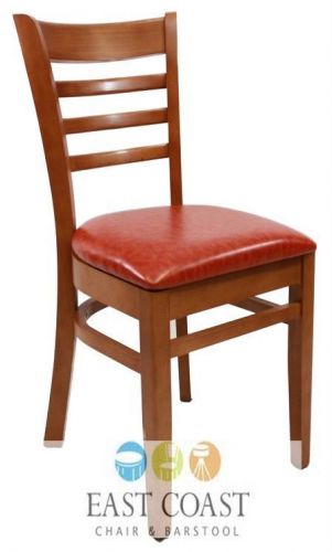 New commercial wooden cherry ladder back restaurant chair with orange vinyl seat for sale