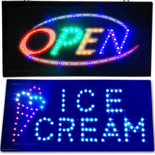 OPEN &amp; ICE CREAM LED animated Store Sign neon bright cafe Shop frozen yogurt NEW