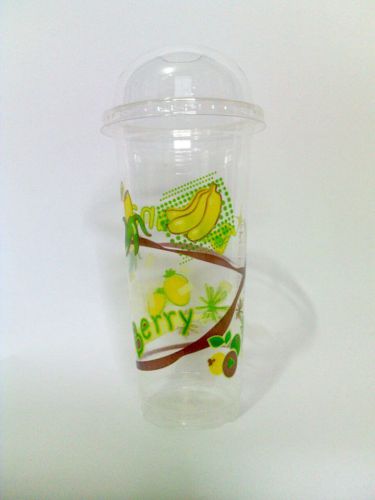 50 Sets 22 oz Plastic banana berry Printed CLEAR Cup and Dome Lid with Hole