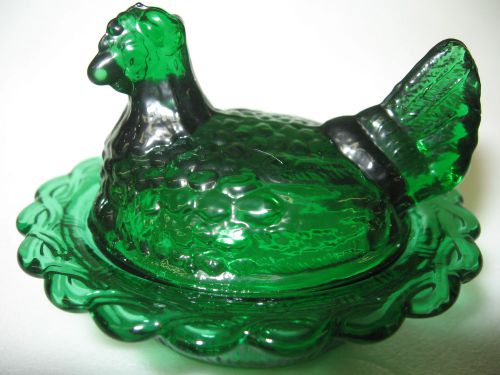 Hunter green glass salt cellar / celt hen chicken on nest basket dish chick dip