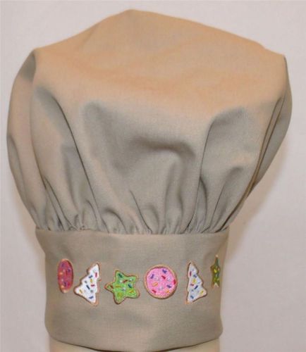 Khaki Christmas Cookies Adult Chef Hat Star Tree Circle Holiday Embroidery NWT!