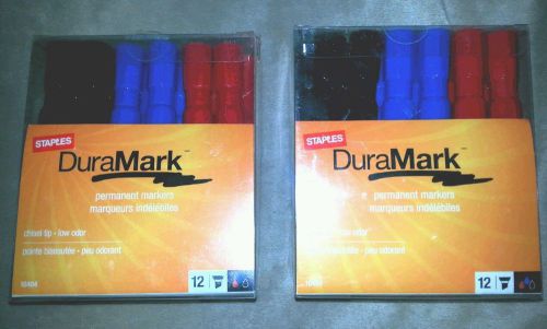 2 Boxes (12 in Each) NEW Staples DuraMark Permanent Markers Chisel Tip Low Odor