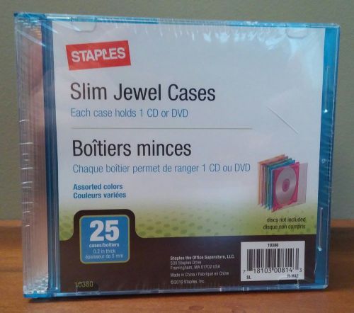 New Staples Slim Jewel CD / DVD Cases, 25 pack, 5 colors