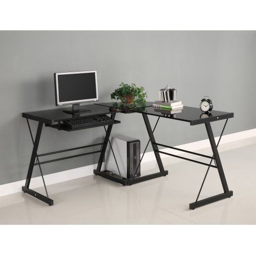 Contemporary durable steel 3-piece corner desk, black with black glass for sale