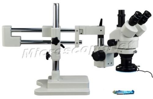 Dual-arm zoom stereo boom stand trinocular microscope 3.5-90x+144 led ring lite for sale
