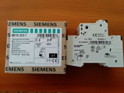 Siemens Circuit Breaker 5SY6 202-7, 2 Pole, 2 Ampere Maximum, 5SY62027