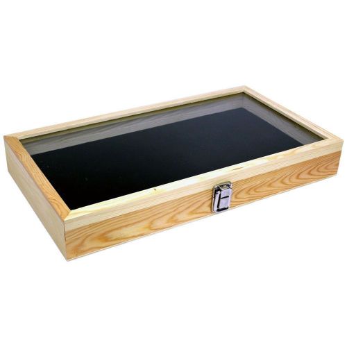Natural Wood Glass Top Lid Black Pad Display Box Case Medals Awards Jewelry K...