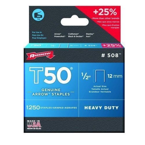 Arrow T50 1/2&#034; 12mm #508 Staples, 1,250-Pack