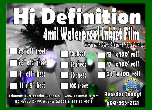Premium 4 mil -  waterproof inkjet film 11&#034; x 17&#034; - 100 sheet pack for sale