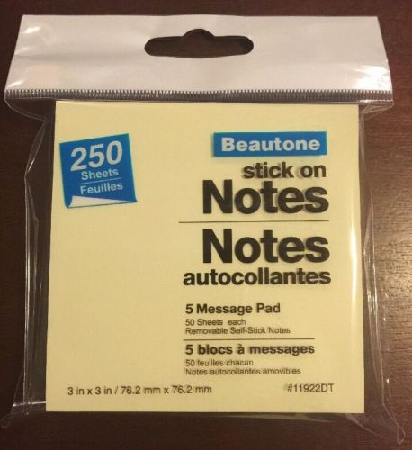 STICK ON NOTES 3&#034;X3&#034;  250 Sheets 5 Pads/Pack Pastel Yellow Pink Blue Green