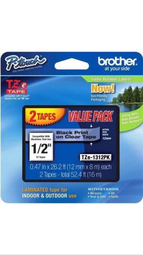 NEW Genuine Brother P-Touch TZe-1312PK 1/2&#034; Black Print on Clear Tape - 2 pack