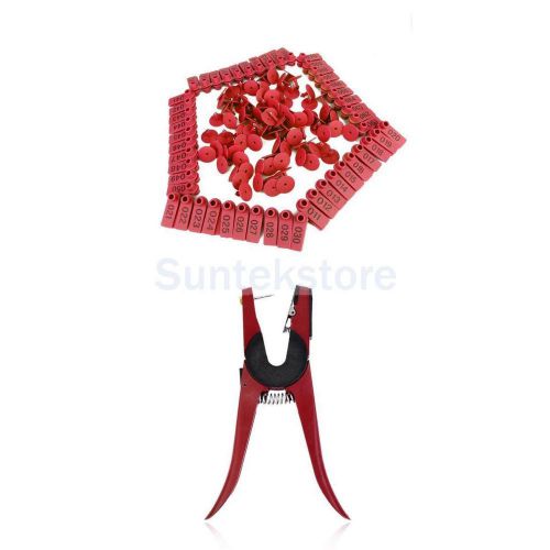 100 Sets Livestock Goat Sheep Ear Tags ID Lables Red + 1x Tag Applicator Plier