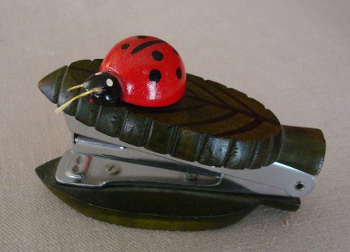 Vintage Wooden Ladybug on a Leaf Mini Stapler Japan MCM Vandor