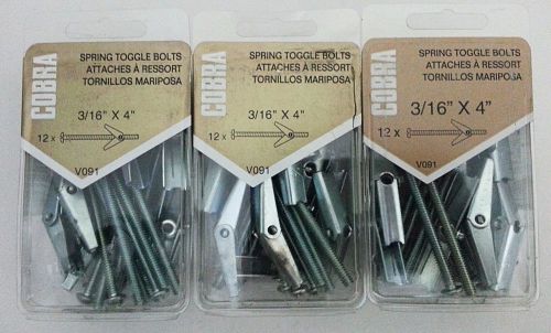 Toggle bolts cobra 3/16&#034; x 4&#034; three packs of 12 new for sale