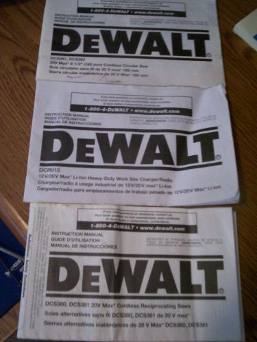 LOT OF 3 DeWALT INSTRUCTION MANUALS-RECIPROCATING SAW-CIRCULAR SAW-CHARGER/RADIO