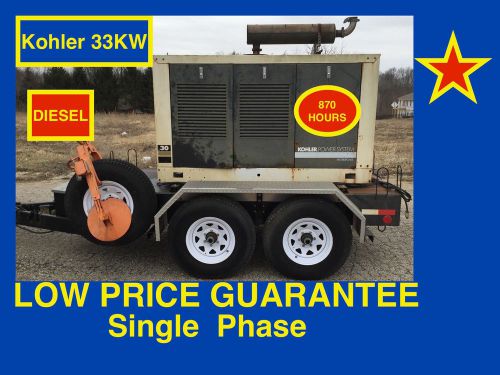 Kohler 33kw diesel trailer mounted generator genset single phase 870 hours for sale
