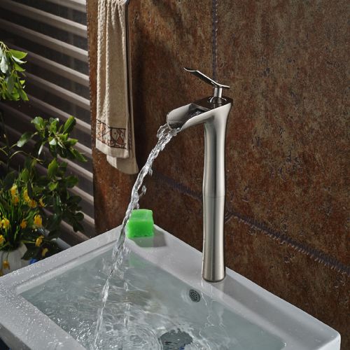 Nickel Brushed Tall Basin Faucet Single Hole Waterfall Bathroom Sink Mixer Tap