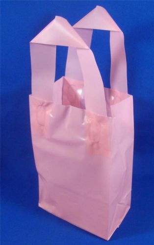 50 Qty. Pink Frosted Plastic Retail Shopping Bags w/ Handles 5&#034; x 3&#034; x 7&#034; Rose